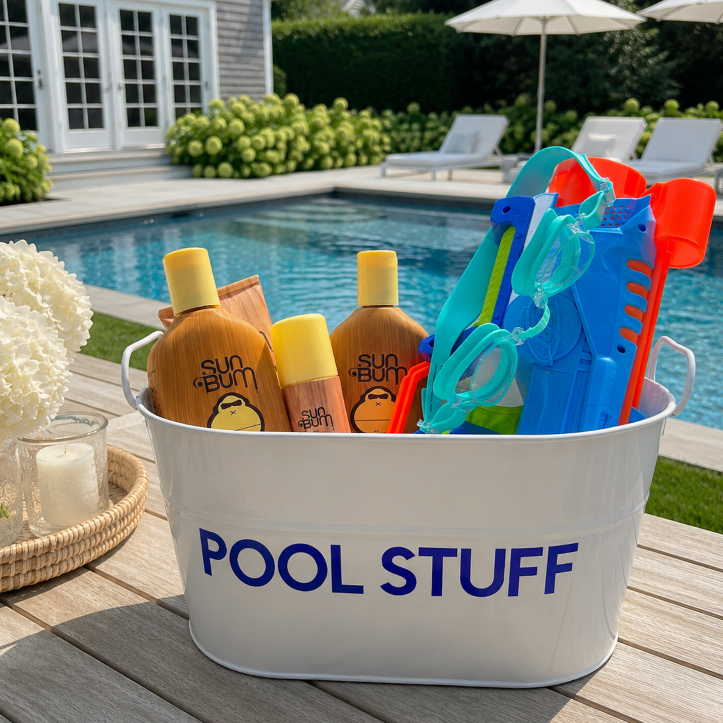 12" white metal tin personalized with POOL STUFF