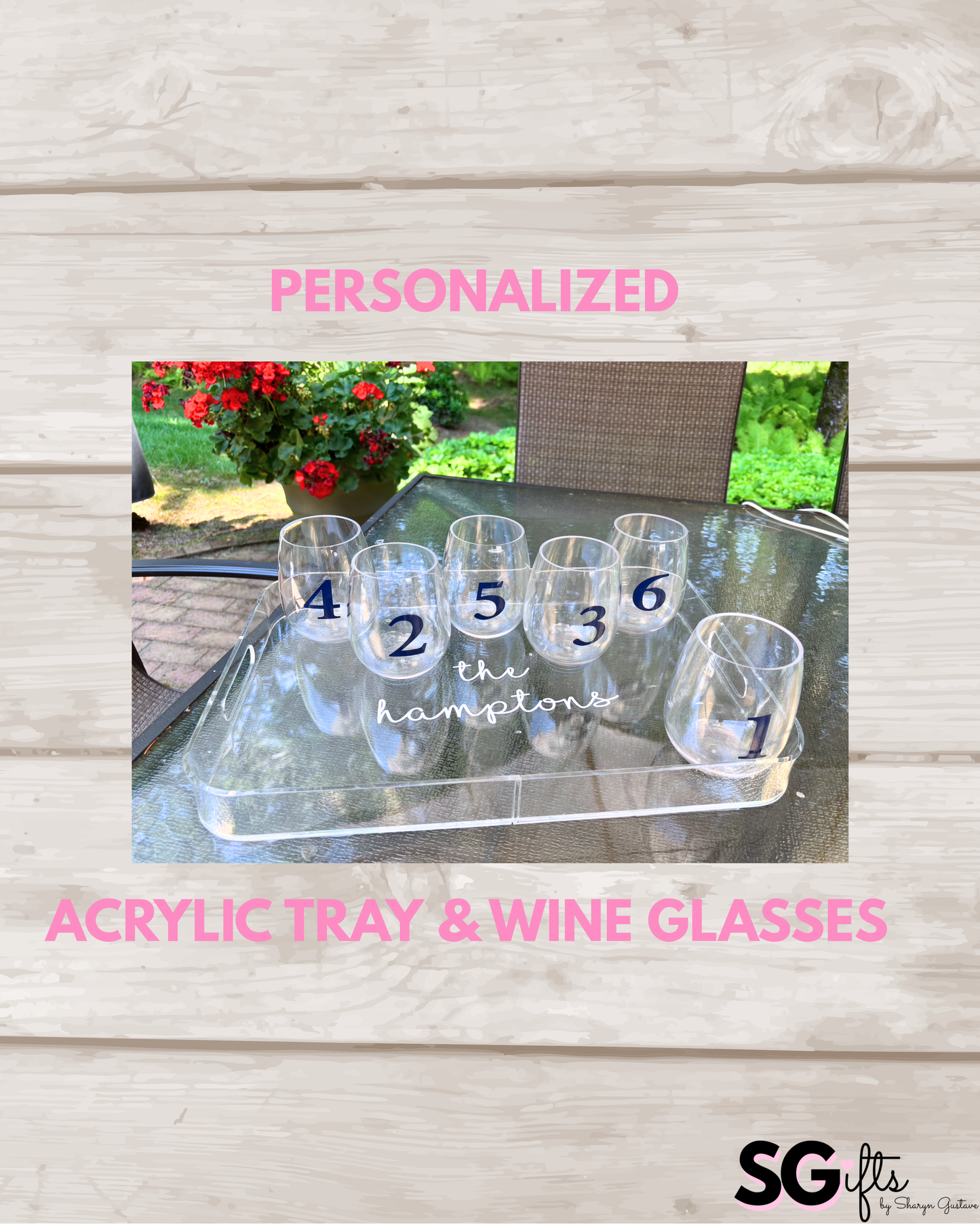 Personalized acrylic tray with your name and 6 stemless wine glasses with numbers