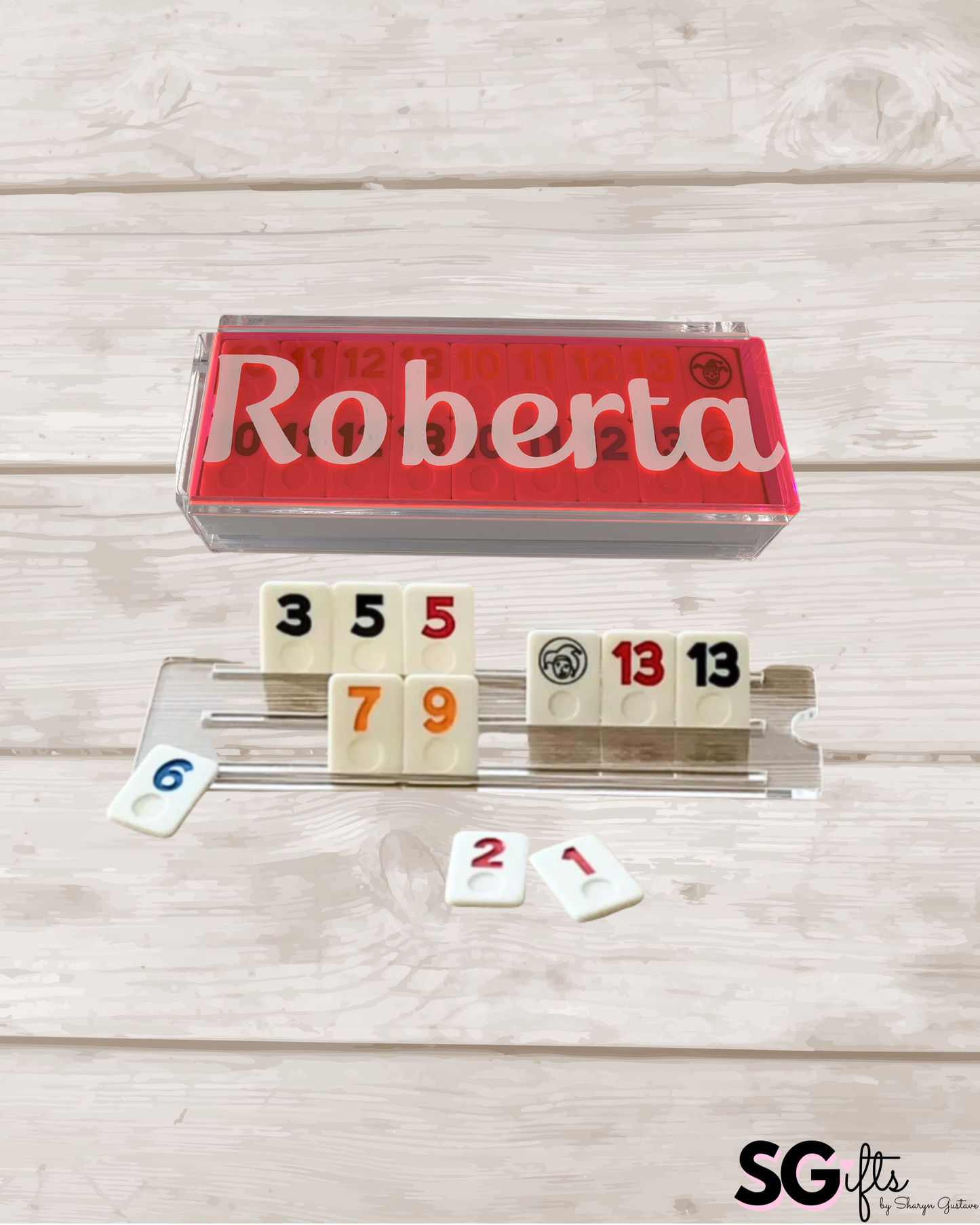 Personalized acrylic rummikub set - transparent hot pink