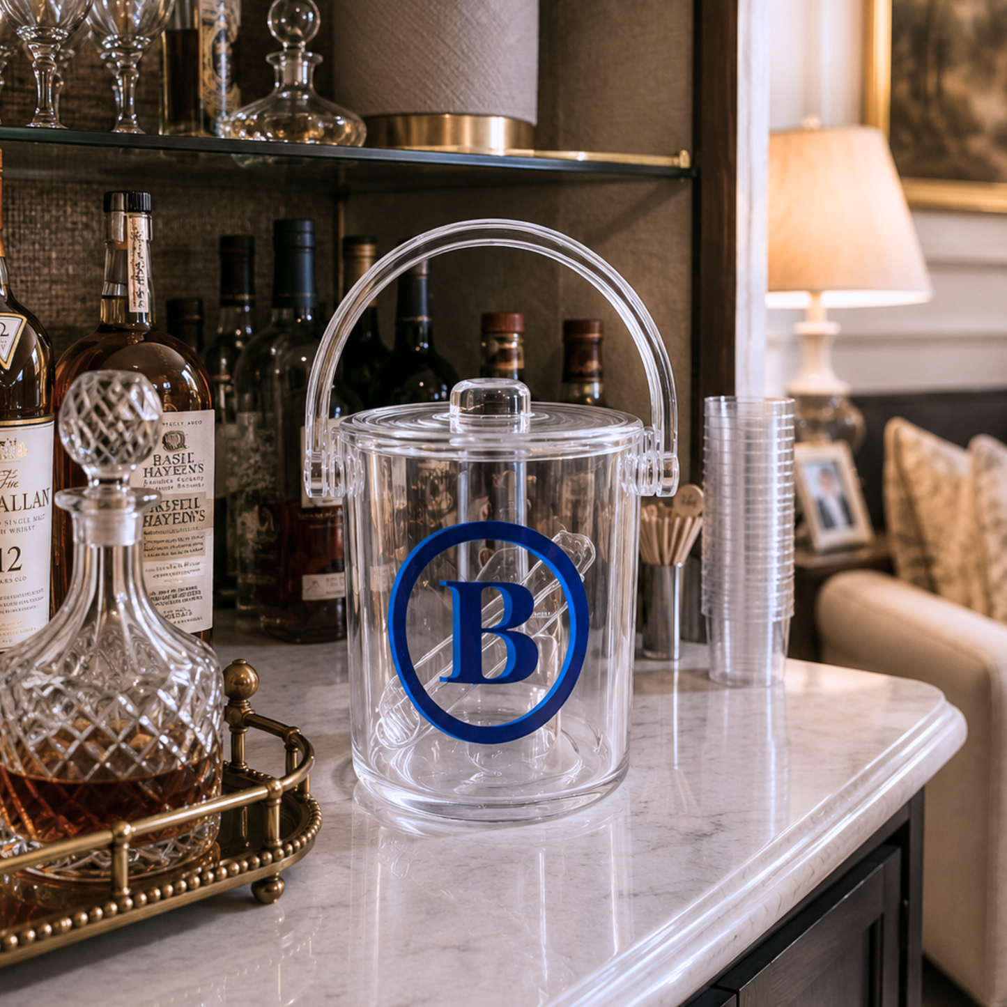 Personalized clear acrylic 1 1/2 qt double wall ice bucket - double circle monogram