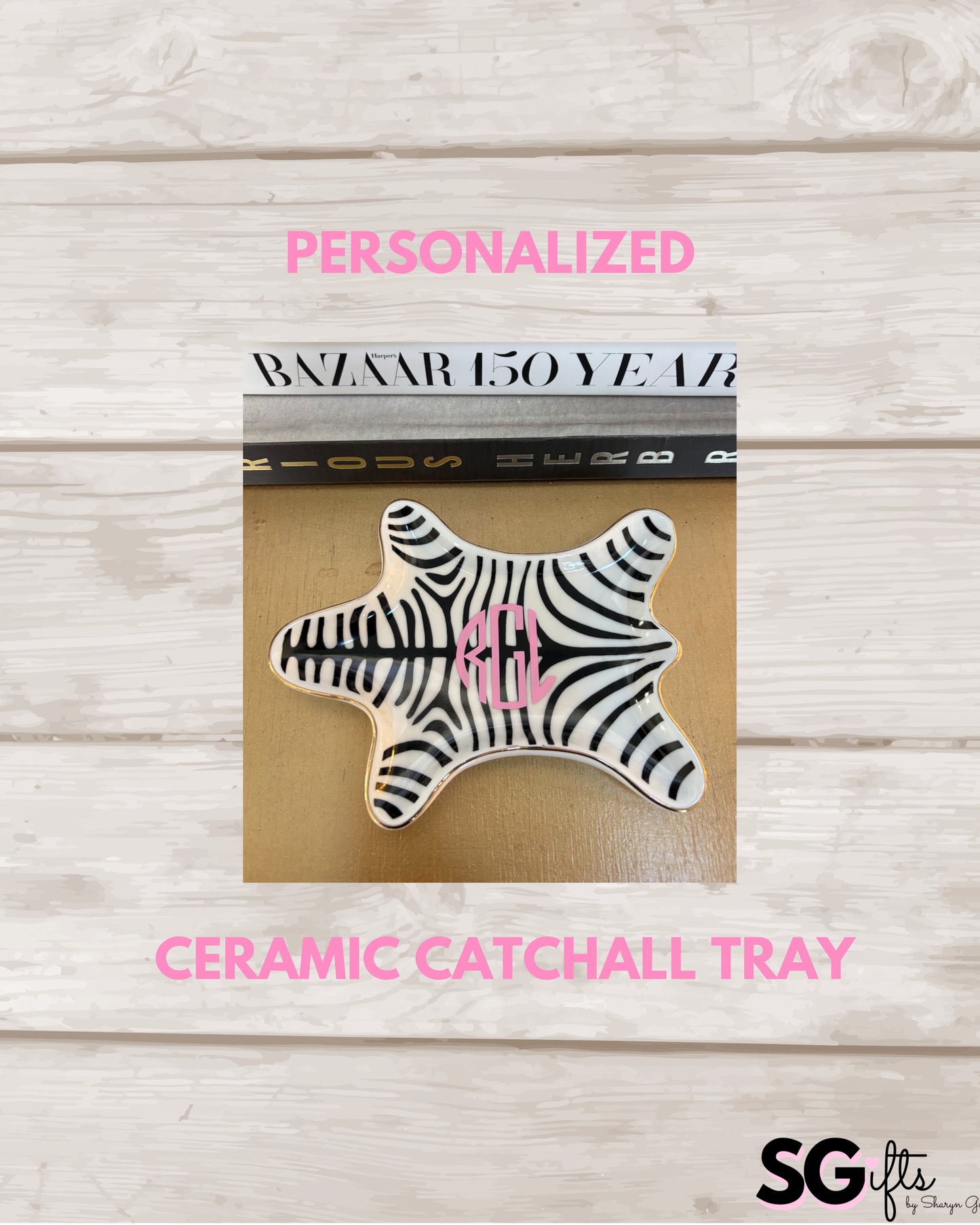 Personalized 4.5” x 7” ceramic black animal jewelry tray with 2 letter monogram