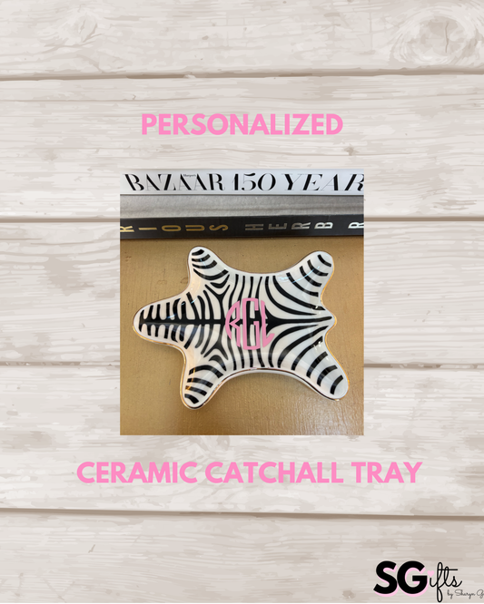 Personalized 4.5” x 7” ceramic black animal jewelry tray with 2 letter monogram