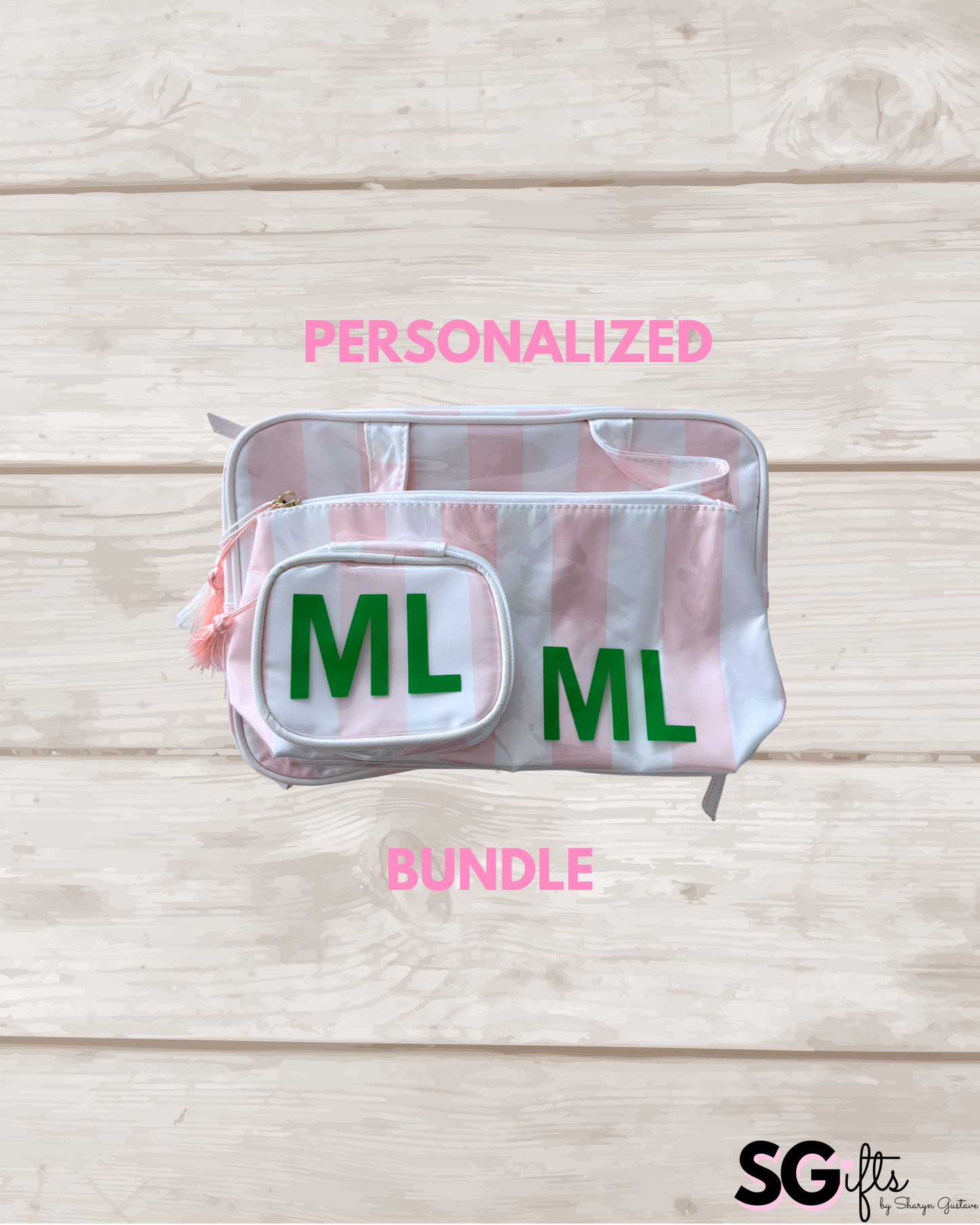 Personalized coated travel makeup and jewelry bag bundle- pale pink/ white