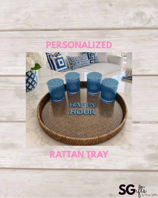 Personalized 16" x 2" round rattan tray with glass insert