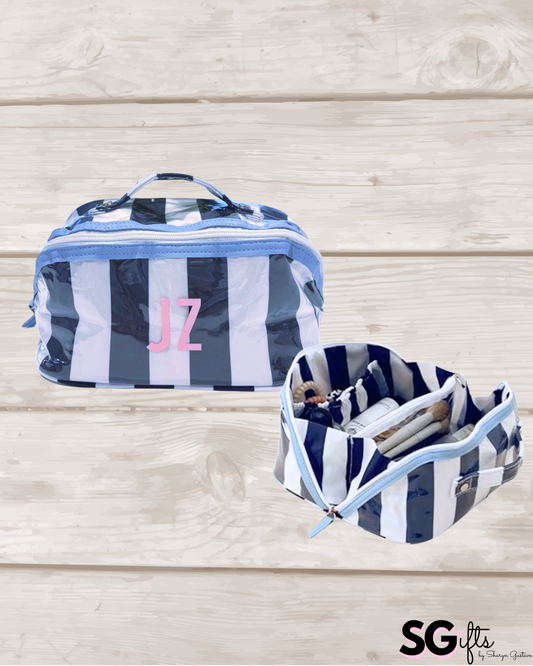 Personalized coated makeup bag with tassle closure- navy/white- large