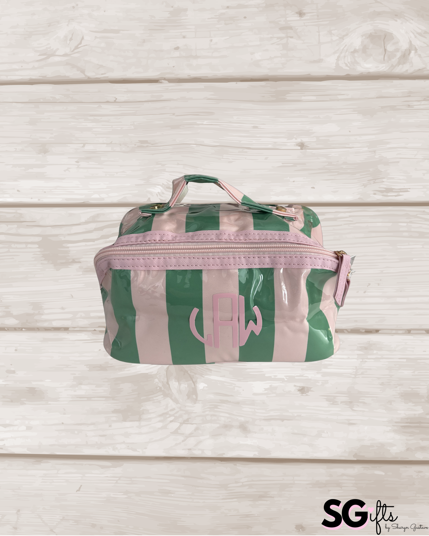 Personalized coated travel makeup bag with 3 compartments -pale pink/ green