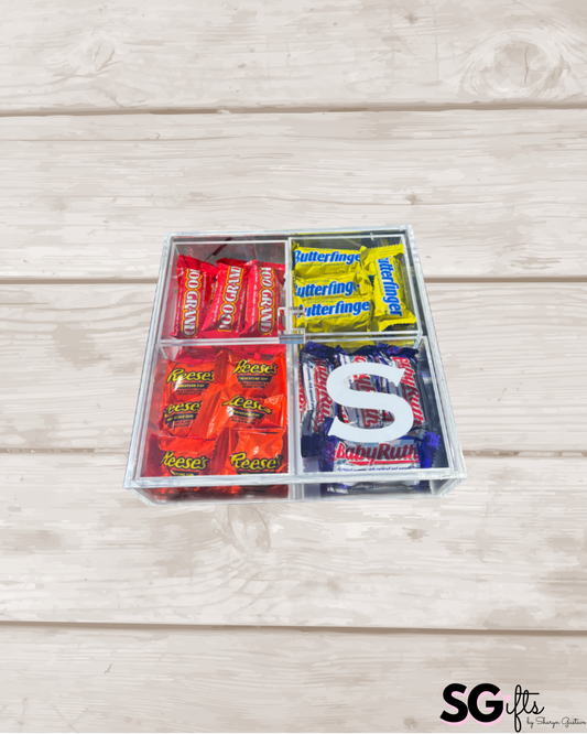 Personalized 4 section clear acrylic serving tray, sold with the candy , sections are removable