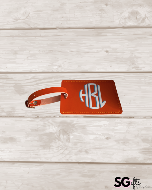Personalized leather luggage tag orange with 2 letter monogram