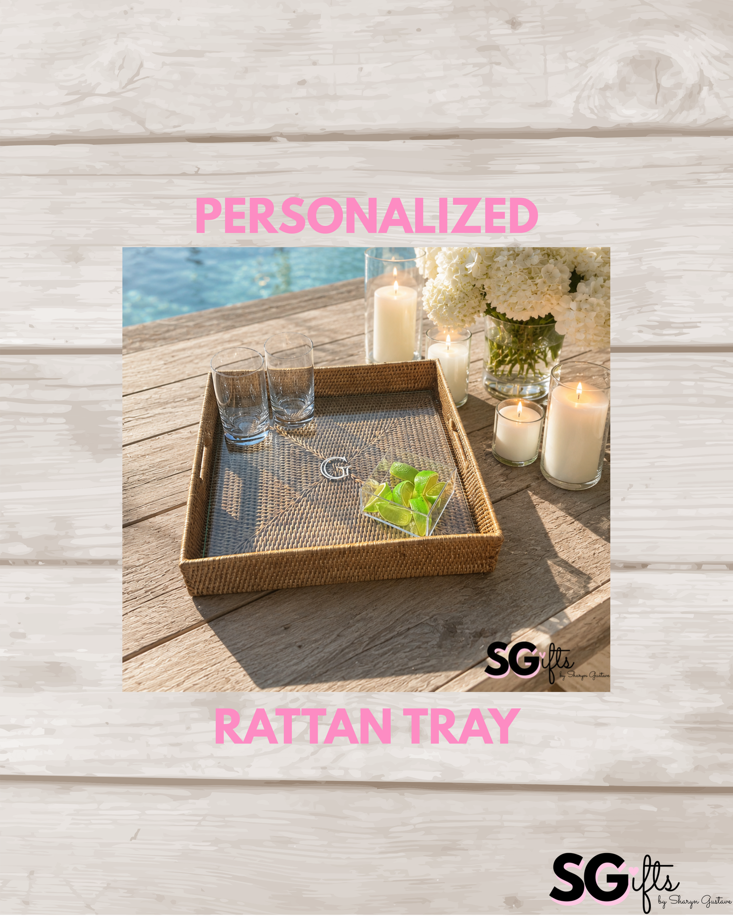 Personalized 16" rattan square tray with glass insert