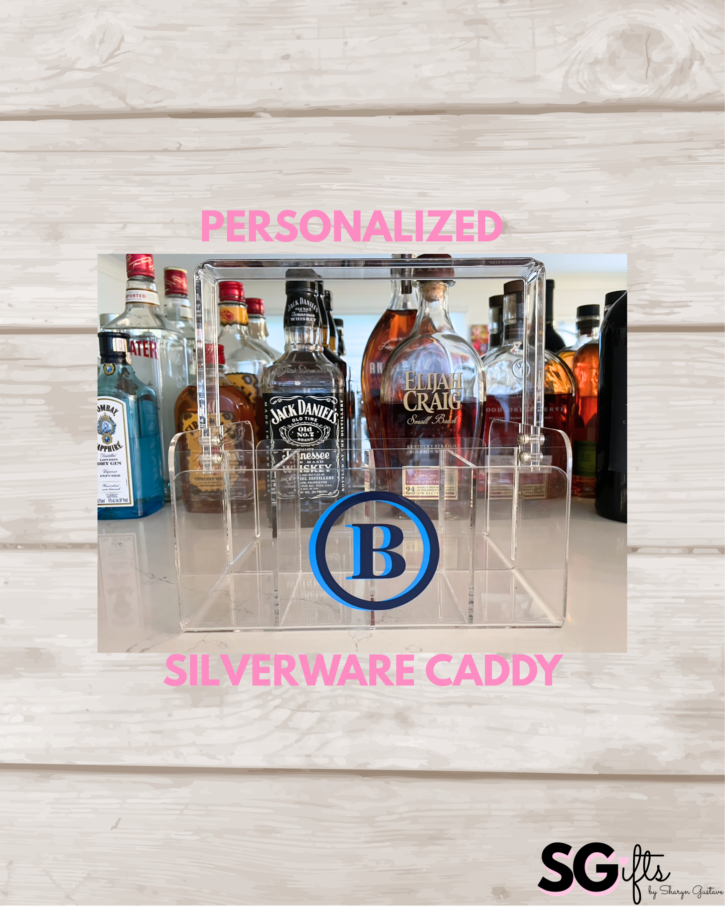 Personalized clear acrylic silverware caddy - double circle monogram