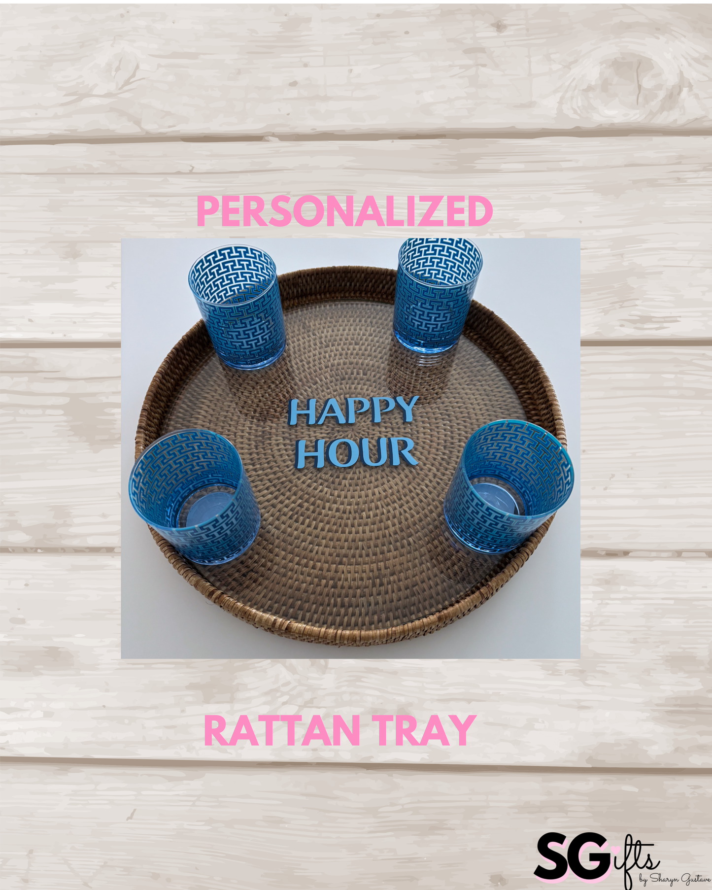 Personalized 16" x 2" round rattan tray with glass insert