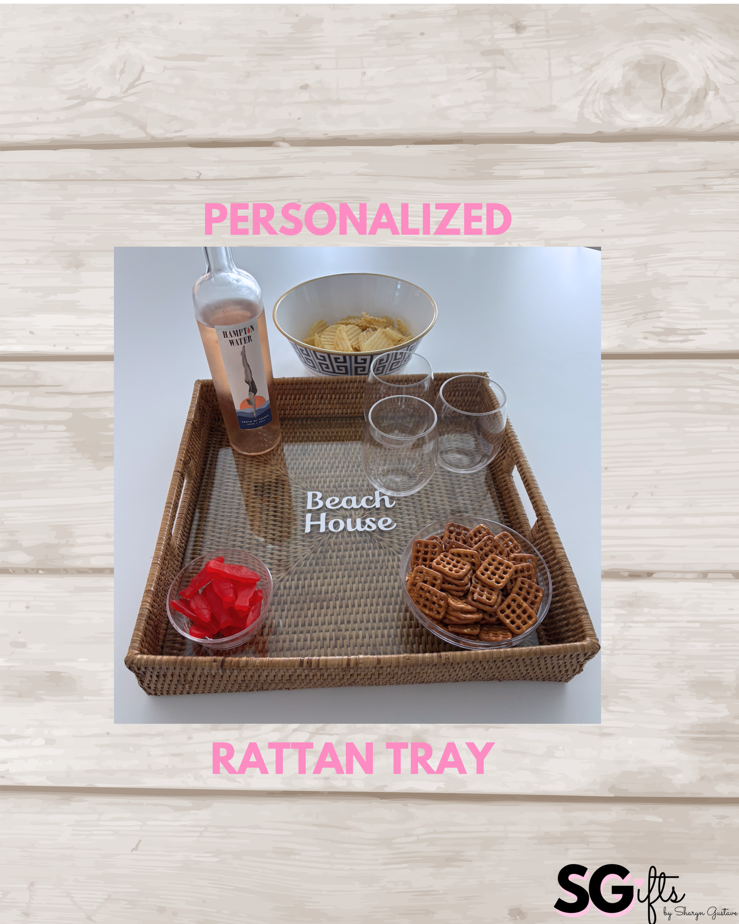 Personalized 16" rattan tray with glass insert