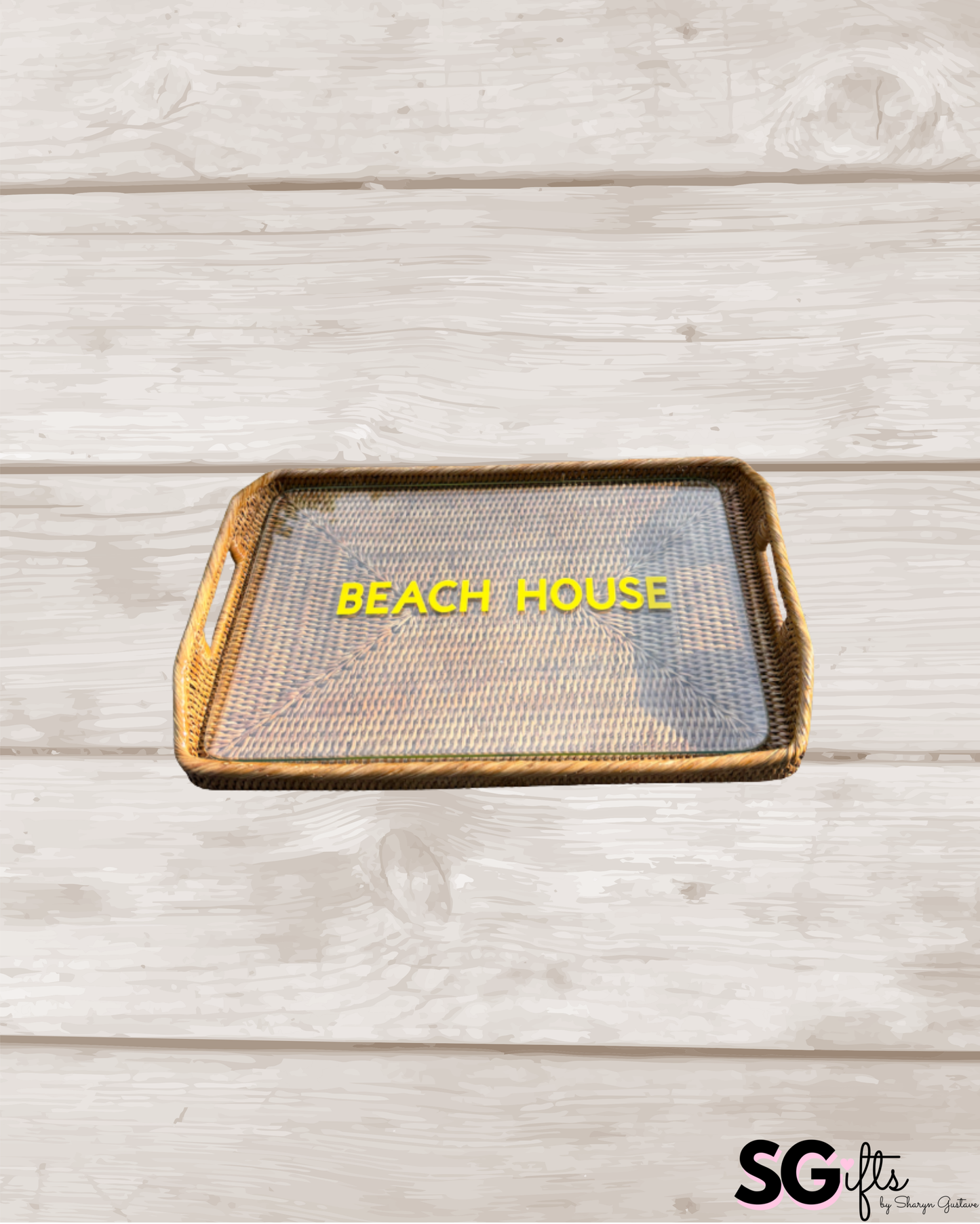Personalized rattan tray with glass insert - BEACH HOUSE