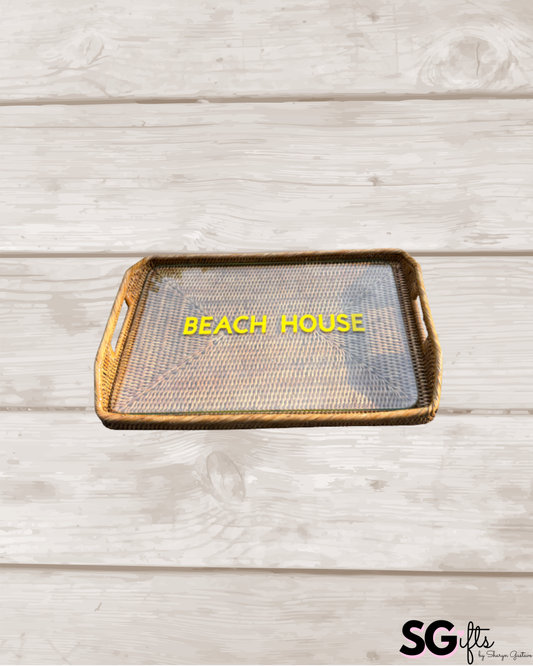 Personalized rattan tray with glass insert - BEACH HOUSE