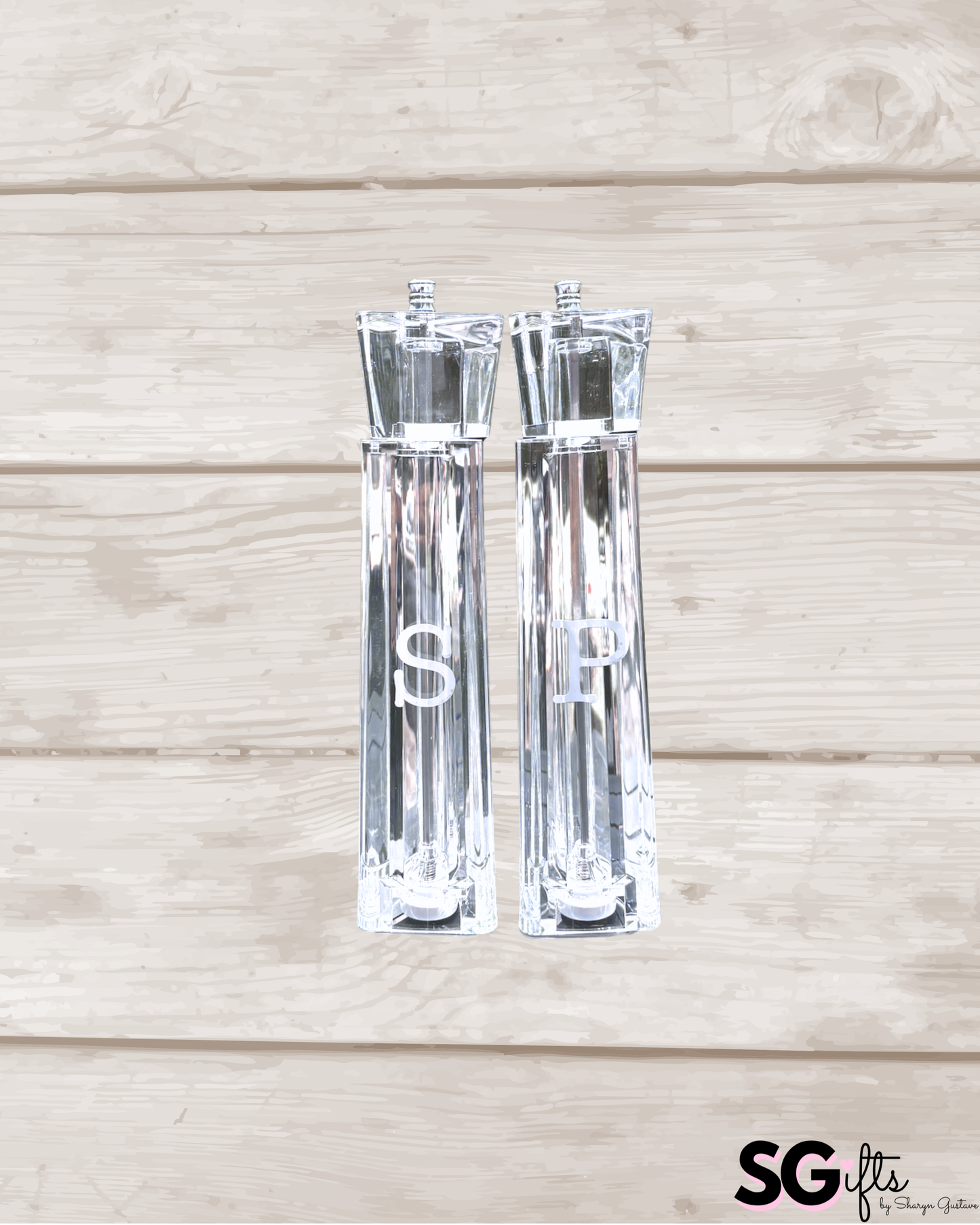 Personalized acrylic 12" salt and pepper shakers- white- sold as set