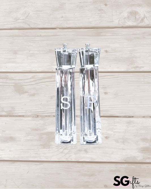 Personalized acrylic 12" salt and pepper shakers- white- sold as set