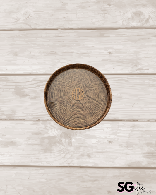 Personalized 16" x 2" round rattan tray with glass insert