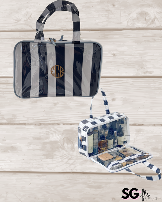 Personalized coated makeup bag with tassle closure- navy/white-  X large