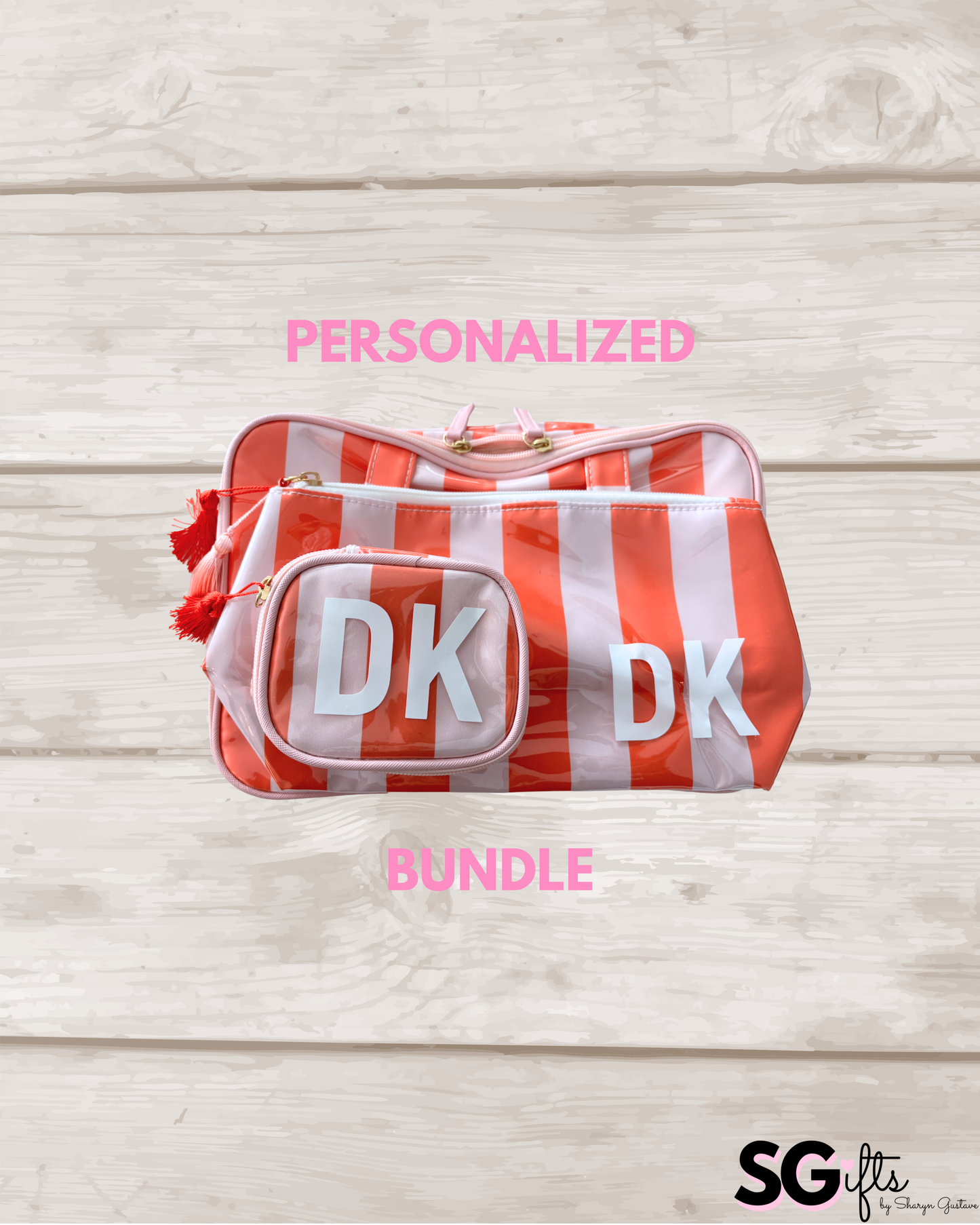 Personalized coated travel makeup and jewelry bag bundle- pale pink/ red