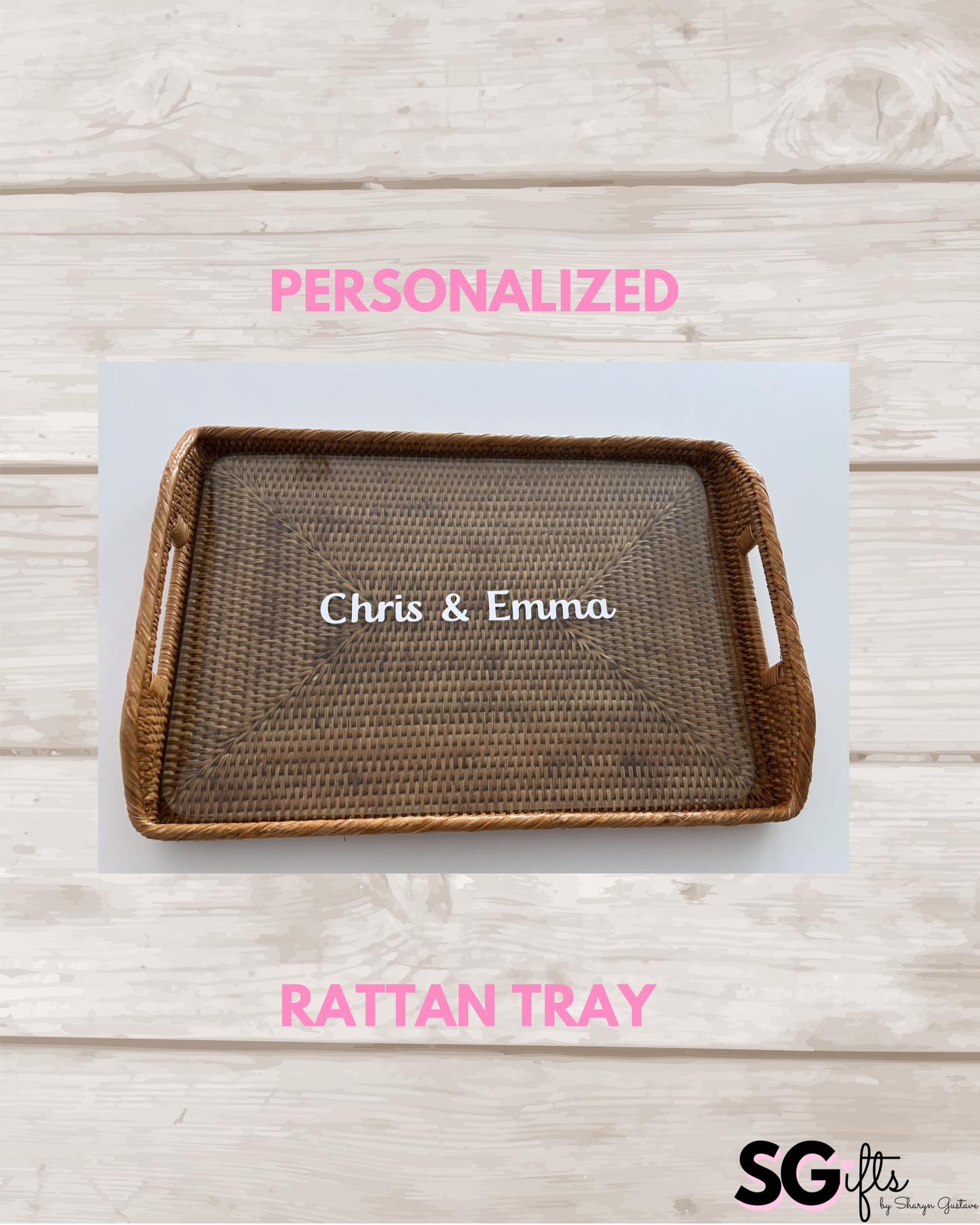 Personalized 17" x 12" x 1" rattan tray with glass insert- modern monogram