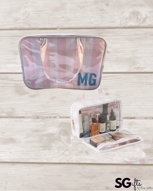Personalized coated makeup bag with tassle closure-pale pink/white-  x large