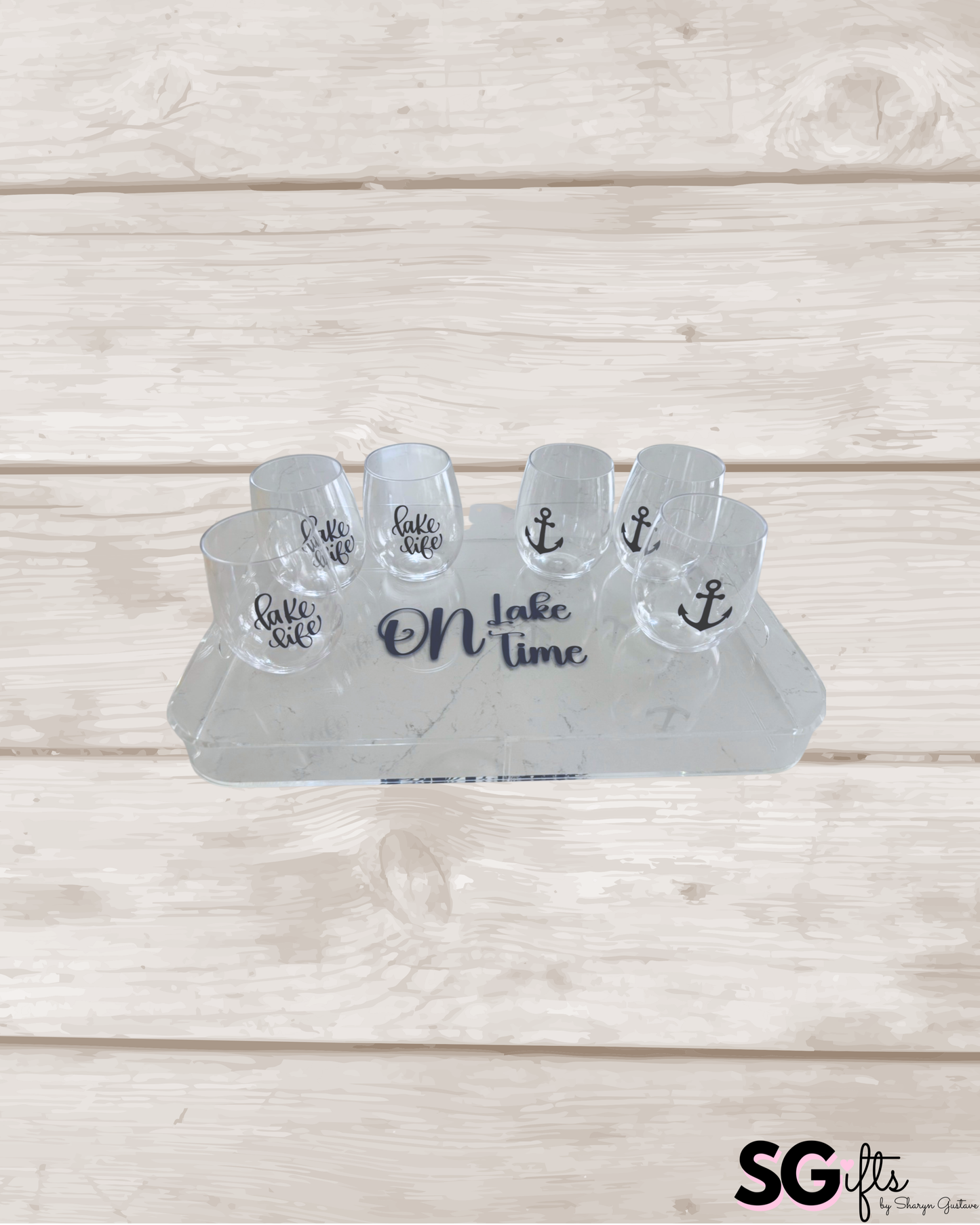 Personalized Acrylic Tray & Stemless Wine Glass Set - Lake Life