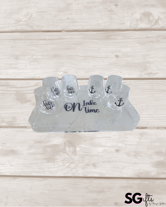 Personalized Acrylic Tray & Stemless Wine Glass Set - Lake Life