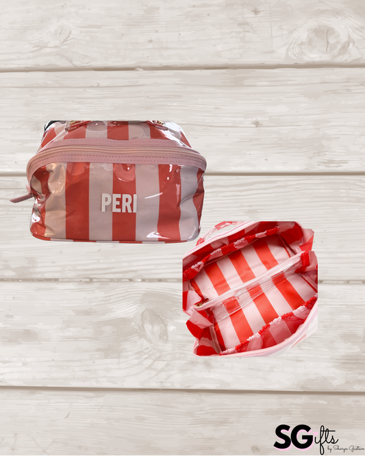 Personalized coated travel makeup bag with 3 compartments - pale pink/red -large