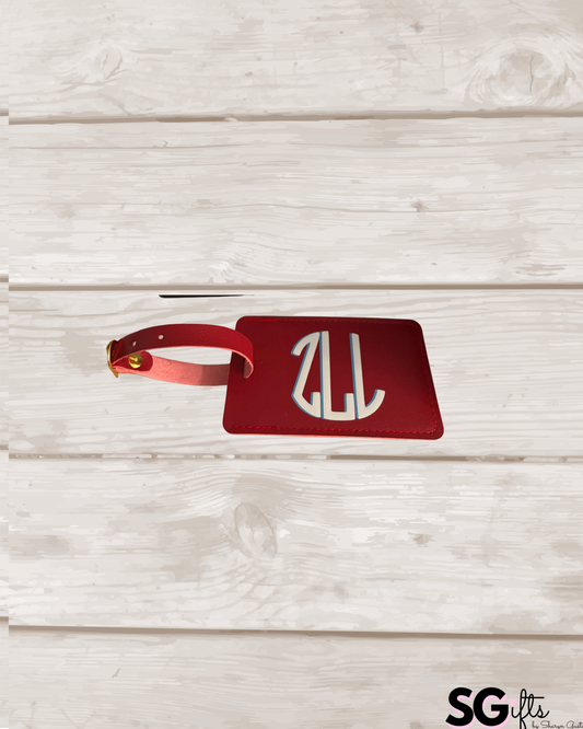 Personalized leather luggage tag red with 3 letter modern monogram
