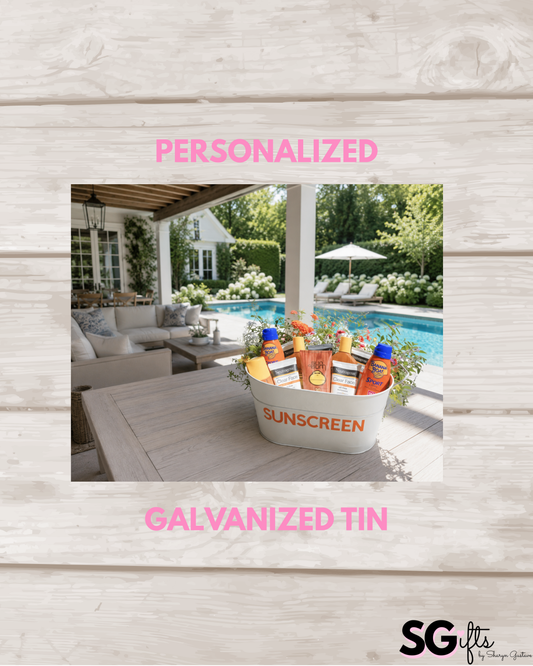 12" white metal tin personalized with SUNSCREEN