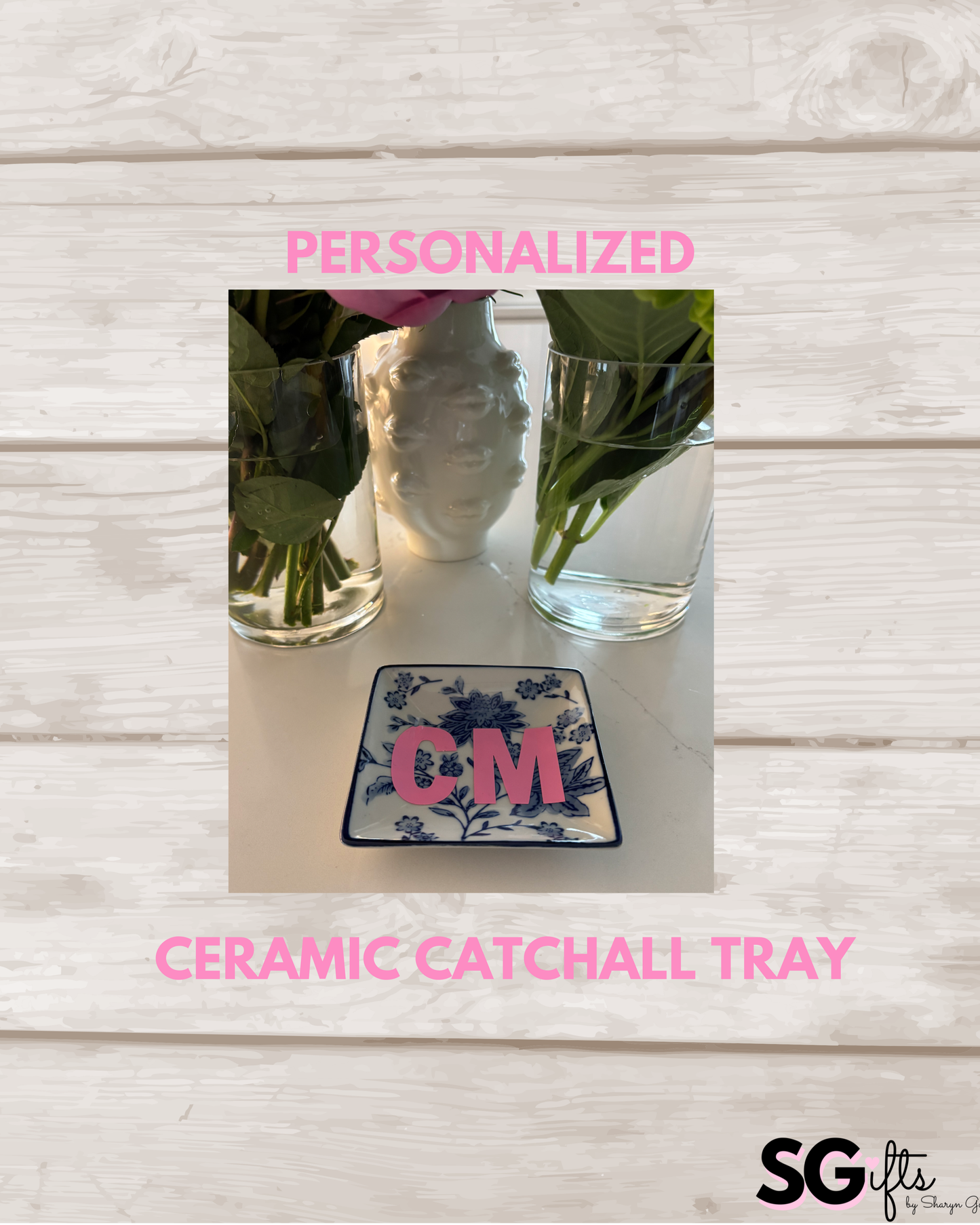 Personalized 4"x 4"  ceramic floral jewelry tray