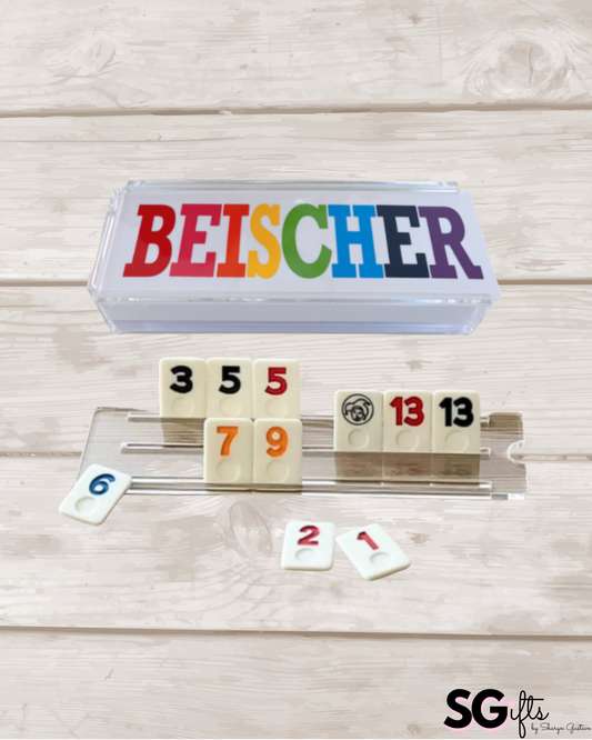 Personalized luxury acrylic rummikub set - custom name on opaque white lid