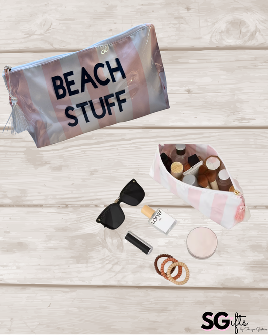 Personalized coated travel makeup bag with tassel closure- pale pink/ white - medium