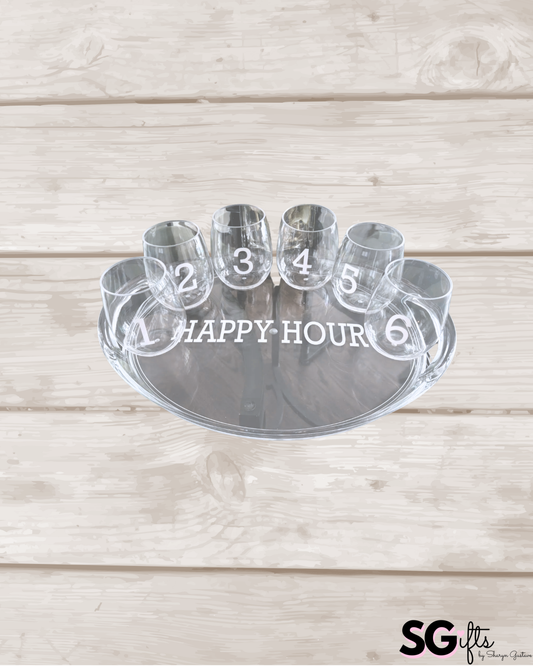 Personalized Acrylic oval Tray and Stemless Wine Glass Set: