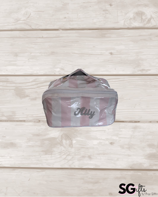 Personalized coated makeup bag with tassle closure- pale pink/white- large