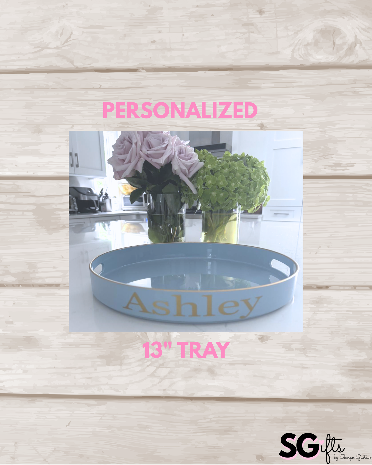 Pesonalized 13" opaque light blue round tray with your name on the side