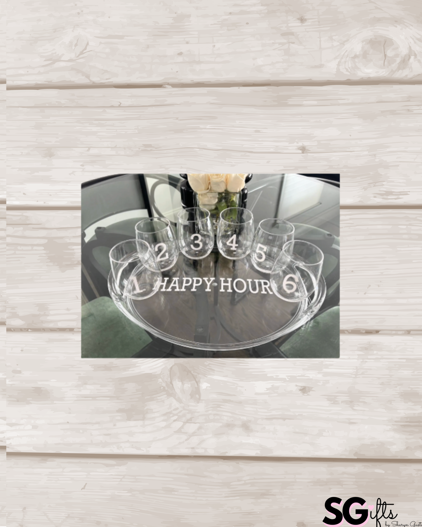 Personalized Acrylic oval Tray and Stemless Wine Glass Set: