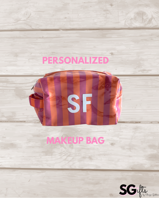 Personalized coated makeup bag with zipper closure- pink/orange