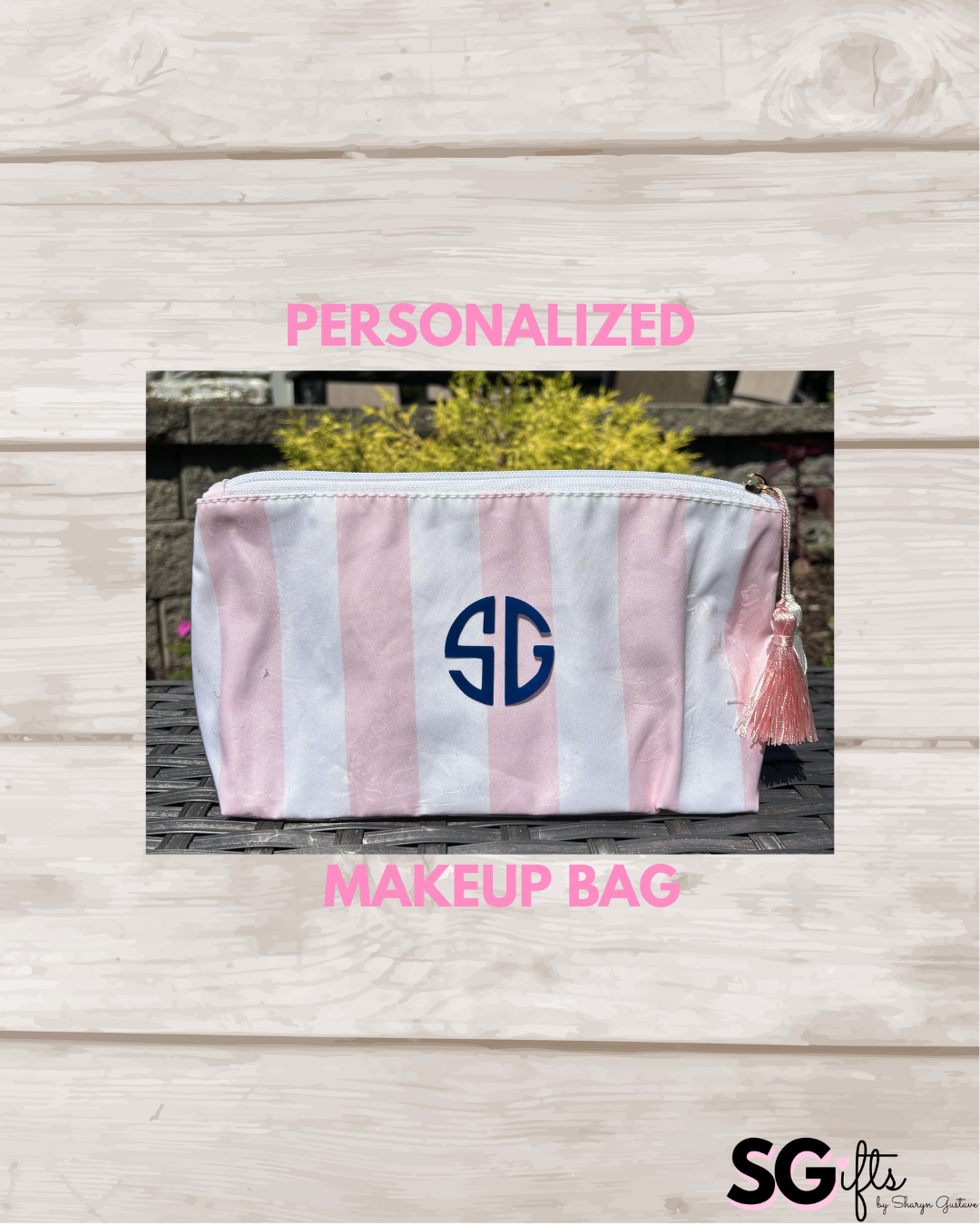Personalized coated travel makeup bag with tassel closure- pale pink/ white - medium