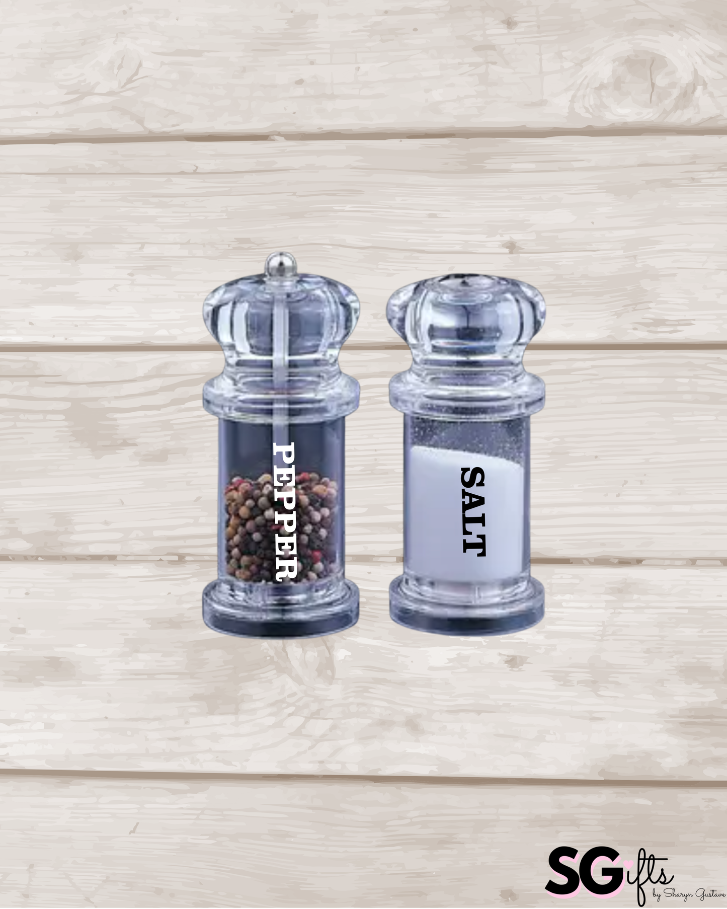 Personalized acrylic 2.3" x 2.3" x 5" salt and pepper shakers- sold as set
