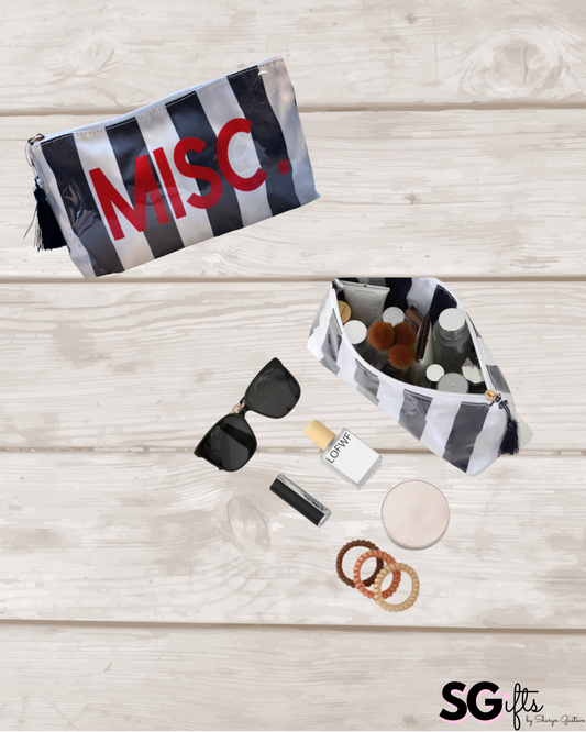 Personalized coated makeup bag with tassle closure- navy/white- medium