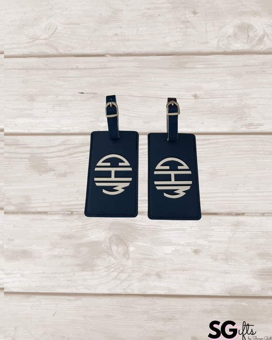 Personalized leather luggage tag blue with 3 letter monogram- set of 2