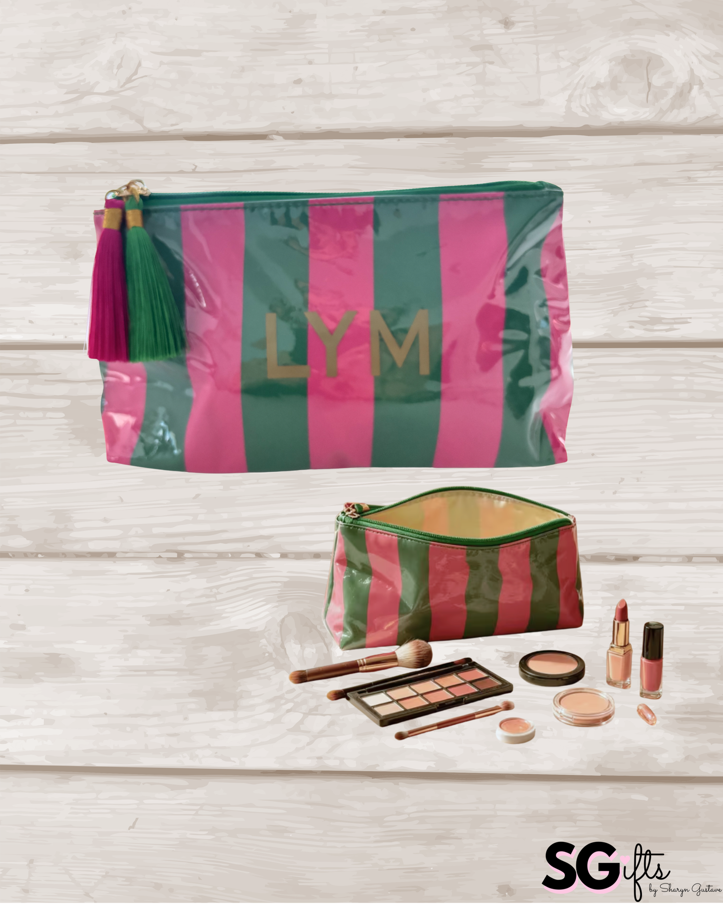 Personalized coated makeup bag with tassle closure- pink/green medium