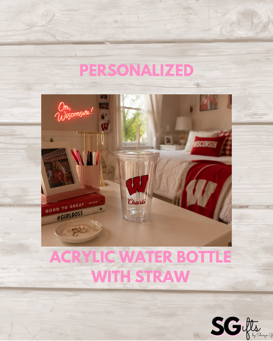 Personalized 19 ounce clear acrylic bottle with straw- with your name and college