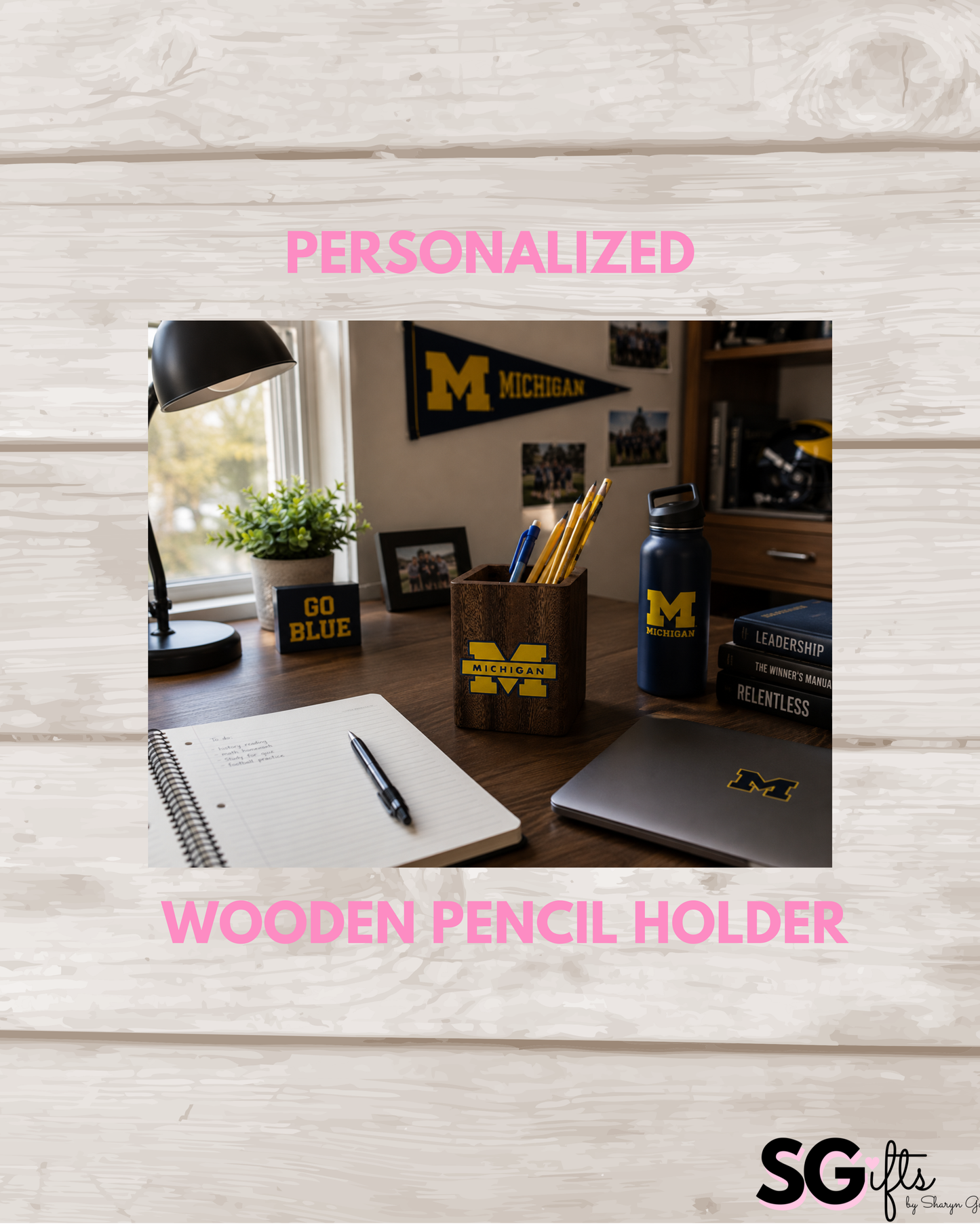 Personalized 2" x 3"  wood pencil/ pen organizer with your college logo