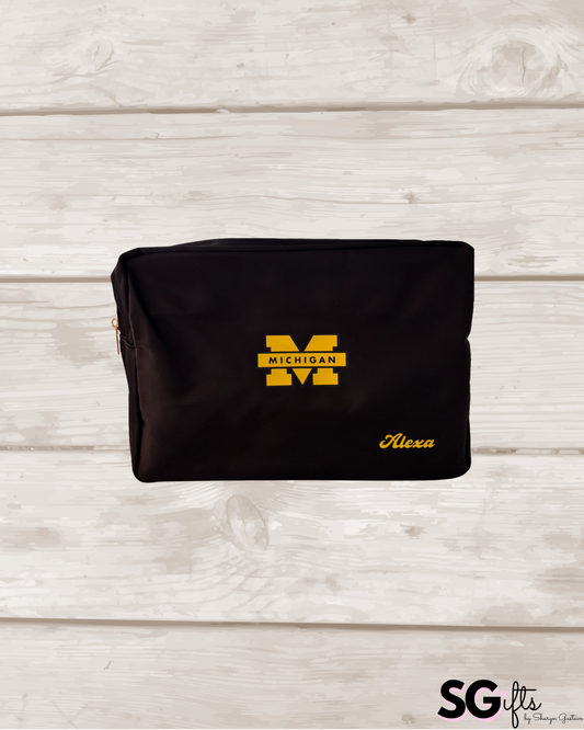Personalized black nylon makeup bag with your college and name