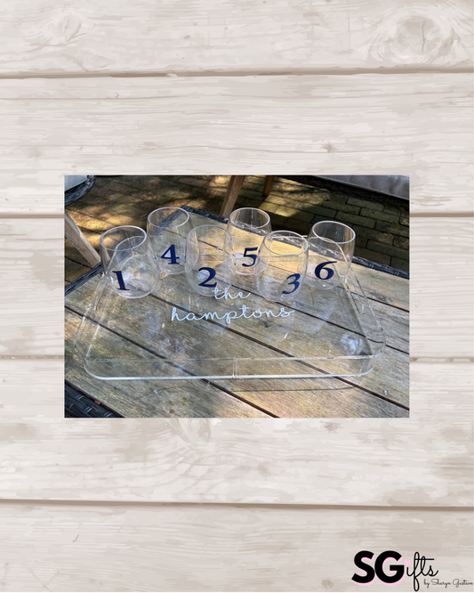 Personalized acrylic tray with your name and 6 stemless wine glasses with numbers