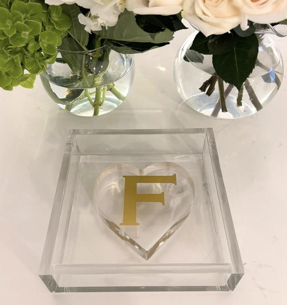 6.5” x 6.5” acrylic luncheon napkin holder with personalized acrylic heart weight