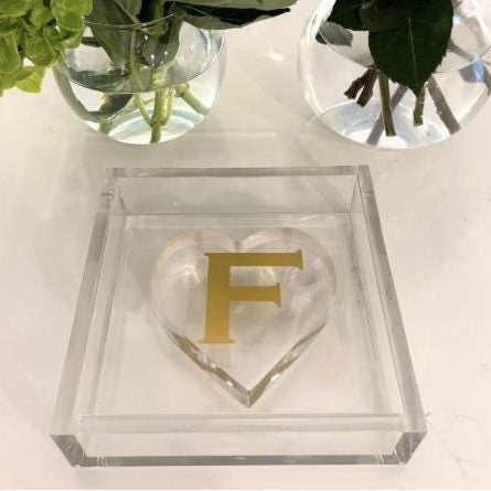 6.5” x 6.5” acrylic luncheon napkin holder with personalized acrylic heart weight