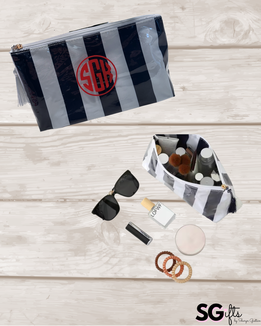 Personalized coated travel makeup bag with tassel closure- navy/ white- medium